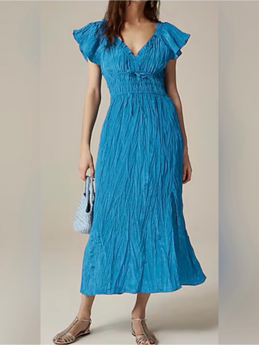 J. Crew Turquoise Blue V-Back Flutter Sleeve Maxi Dress